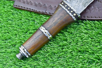 14 Inch Damascus Steel Bowie Dagger with Natural Wood Handle