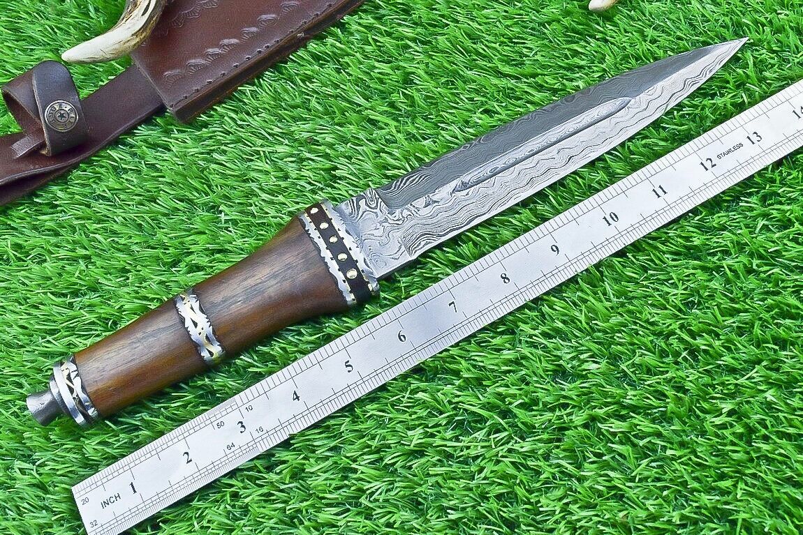 14 Inch Damascus Steel Bowie Dagger with Natural Wood Handle