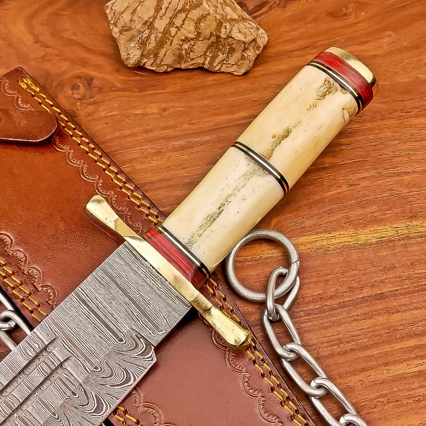 17 Inch Custom Handmade Damascus Steel Bowie Knife with Wood Handle and Brass Bolster