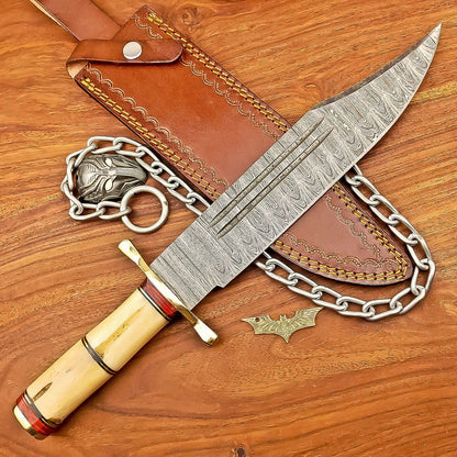 17 Inch Custom Handmade Damascus Steel Bowie Knife with Wood Handle and Brass Bolster