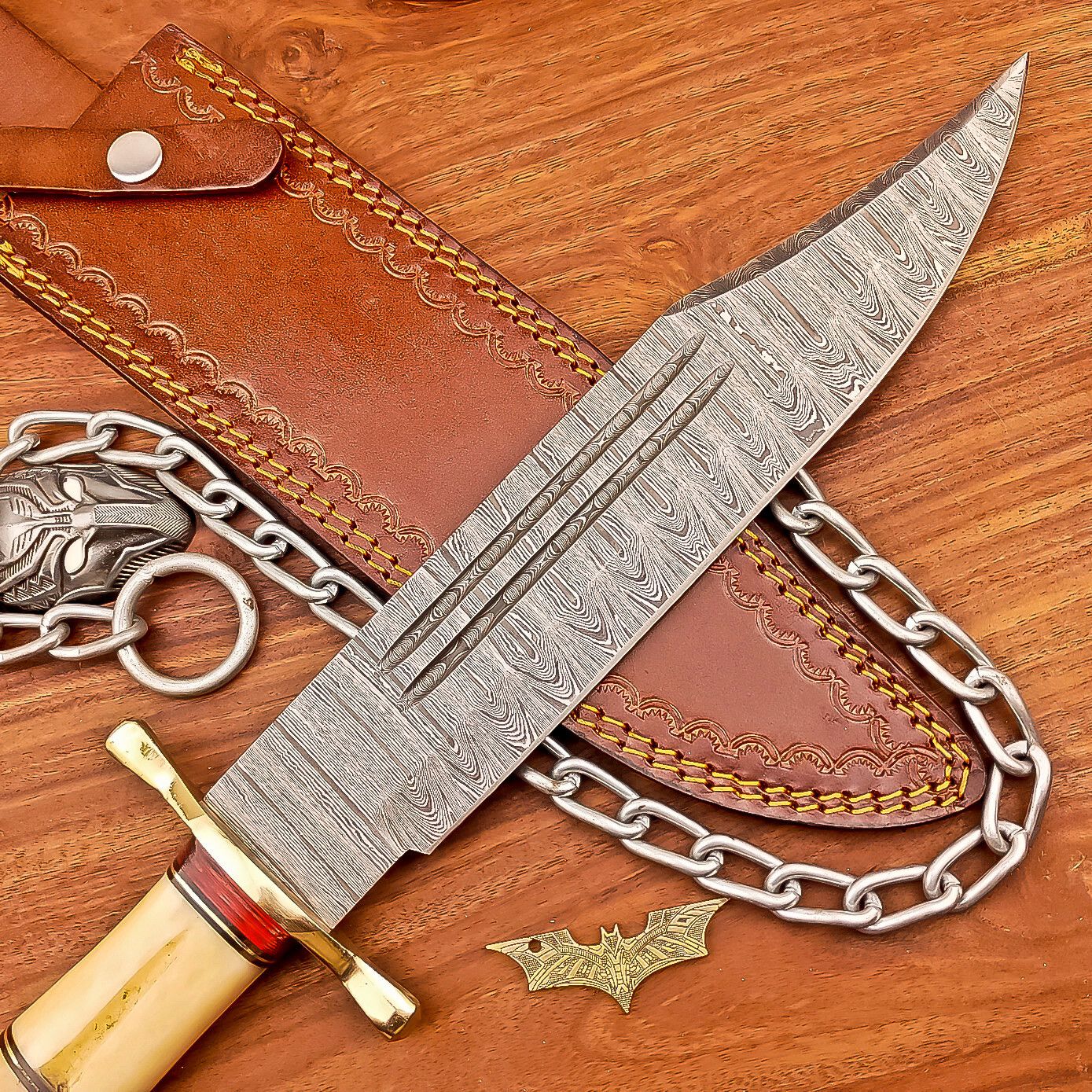 17 Inch Custom Handmade Damascus Steel Bowie Knife with Wood Handle and Brass Bolster