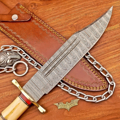 17 Inch Custom Handmade Damascus Steel Bowie Knife with Wood Handle and Brass Bolster