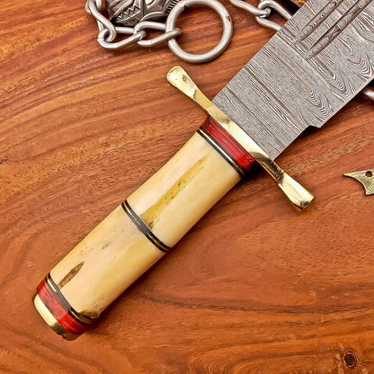 17 Inch Custom Handmade Damascus Steel Bowie Knife with Wood Handle and Brass Bolster
