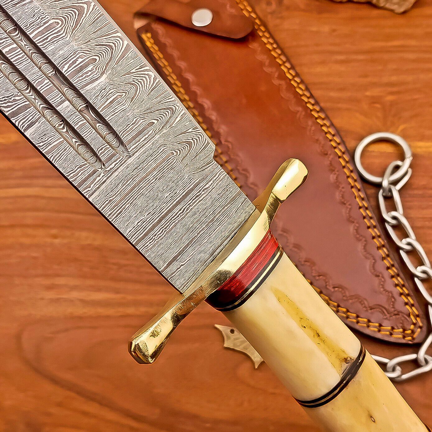 17 Inch Custom Handmade Damascus Steel Bowie Knife with Wood Handle and Brass Bolster