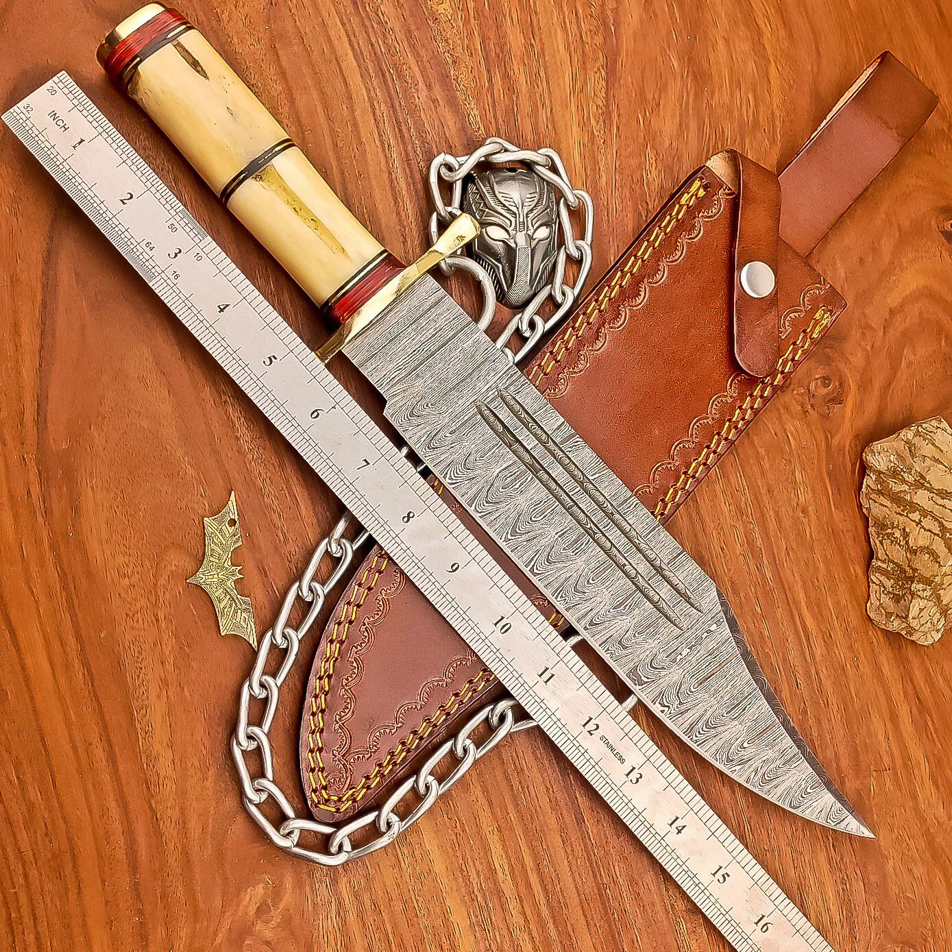 17 Inch Custom Handmade Damascus Steel Bowie Knife with Wood Handle and Brass Bolster