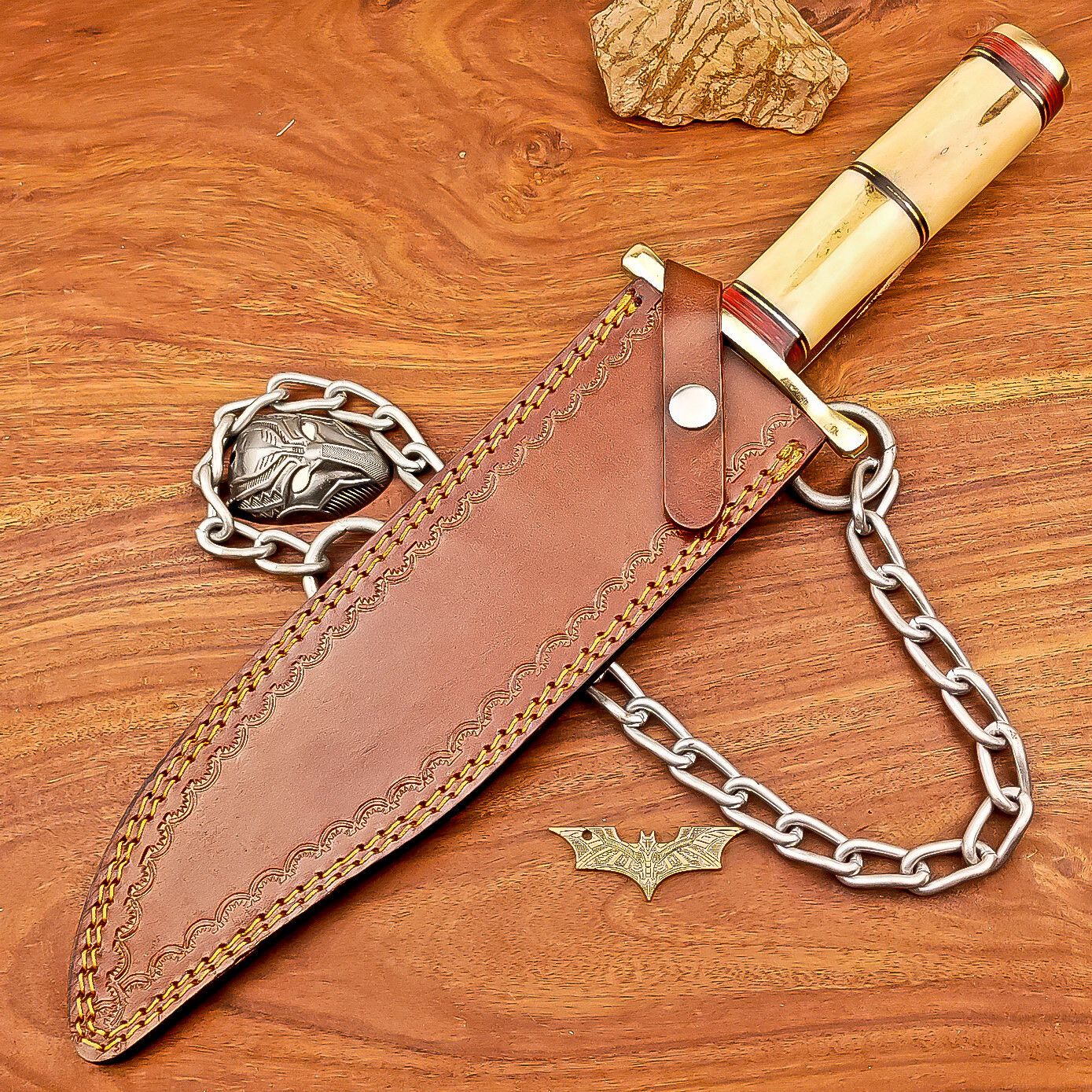 17 Inch Custom Handmade Damascus Steel Bowie Knife with Wood Handle and Brass Bolster