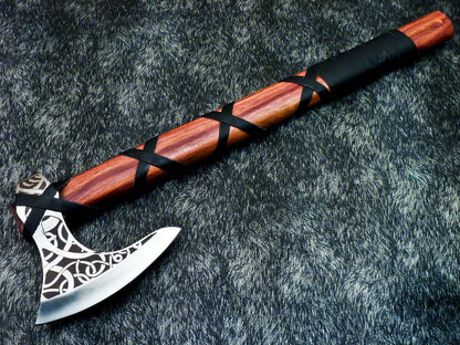 Custom Hand Forged Carbon Steel Viking Tomahawk – Unique Etched Axe with Leather Sheath