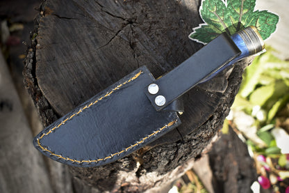Twist Damascus Gut Hook Skinner Knife – Corian Handle with Brass Guard & Leather Sheath