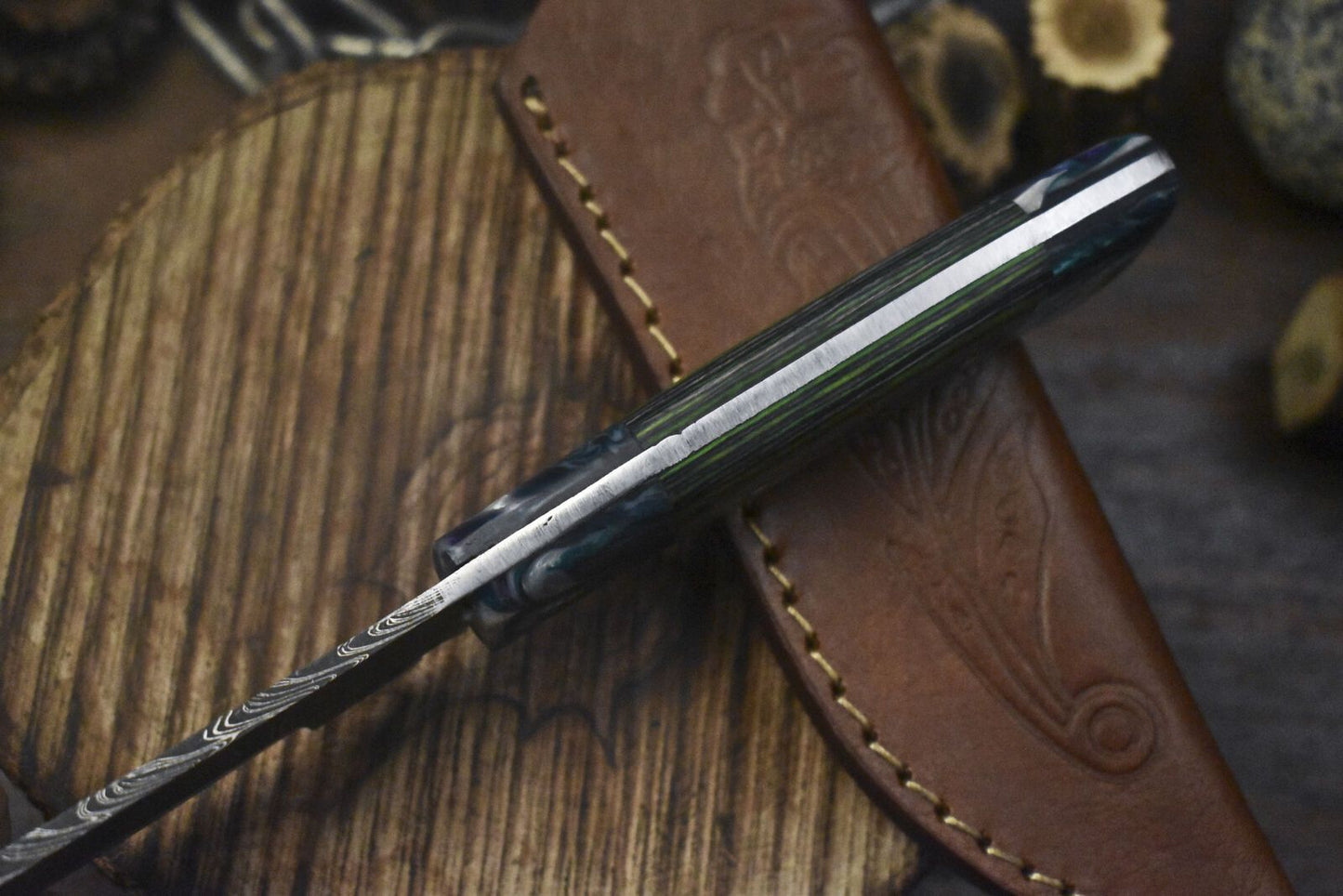 Handmade Twist Damascus Skinner Knife with Gut Hook and Hard Wood Handle