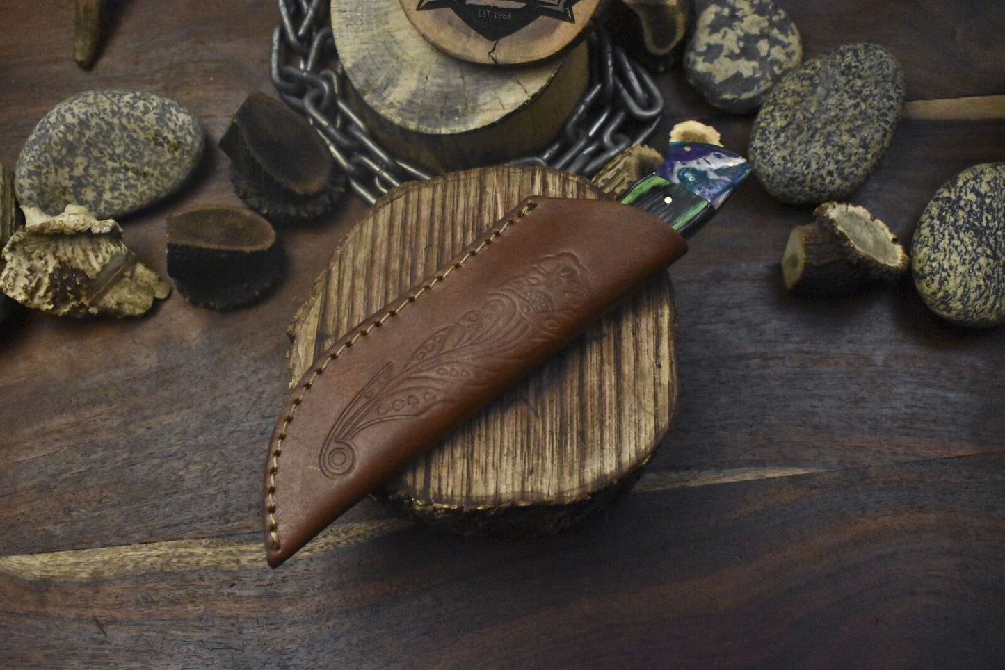 Handmade Twist Damascus Skinner Knife with Gut Hook and Hard Wood Handle