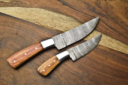 Lot of 2 Handmade Damascus Steel Blade Chef Set Knives – Full Tang Kitchen Knifes