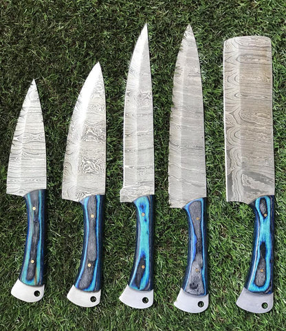 Custom Hand-Forged Twist Damascus Steel Chef Knife Set – Pakka Wood Handle – Handmade Kitchen Knives
