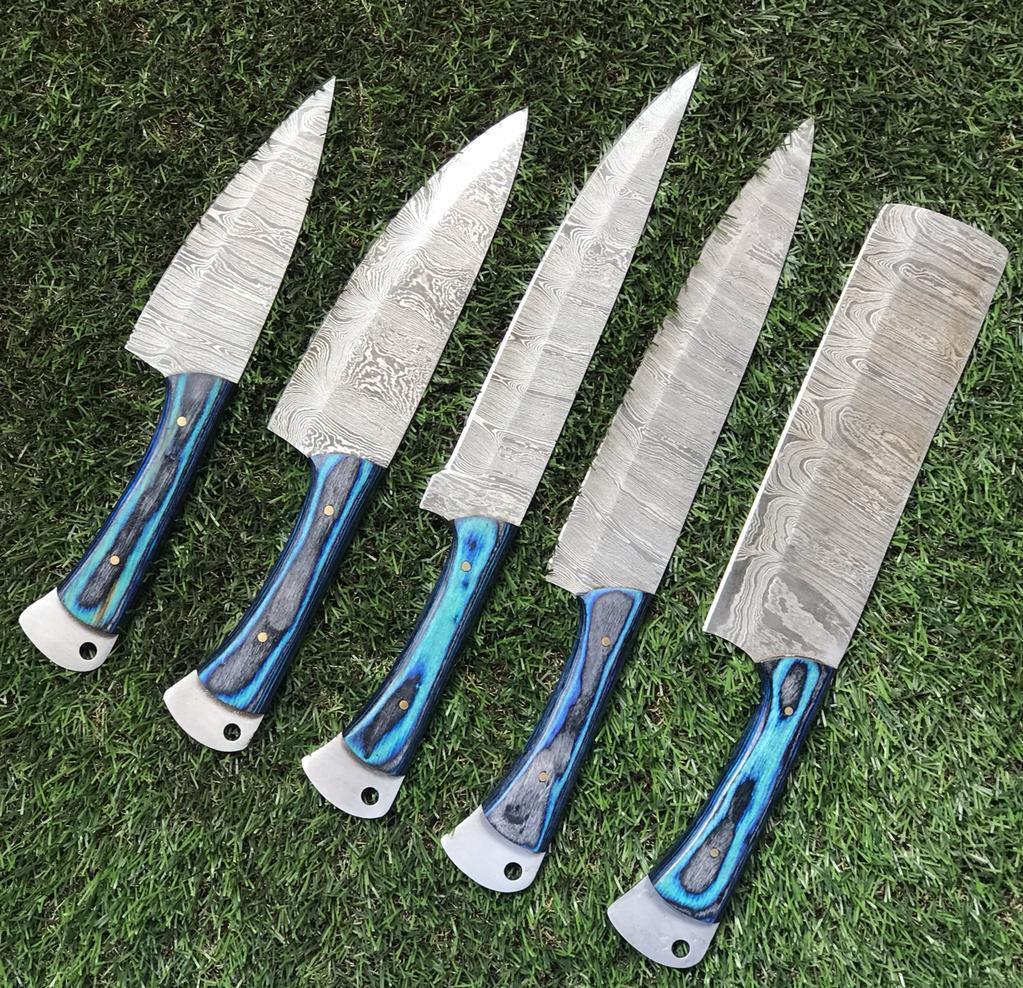 Custom Hand-Forged Twist Damascus Steel Chef Knife Set – Pakka Wood Handle – Handmade Kitchen Knives