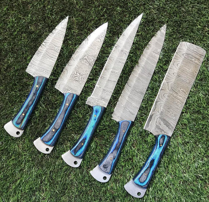 Custom Hand-Forged Twist Damascus Steel Chef Knife Set – Pakka Wood Handle – Handmade Kitchen Knives