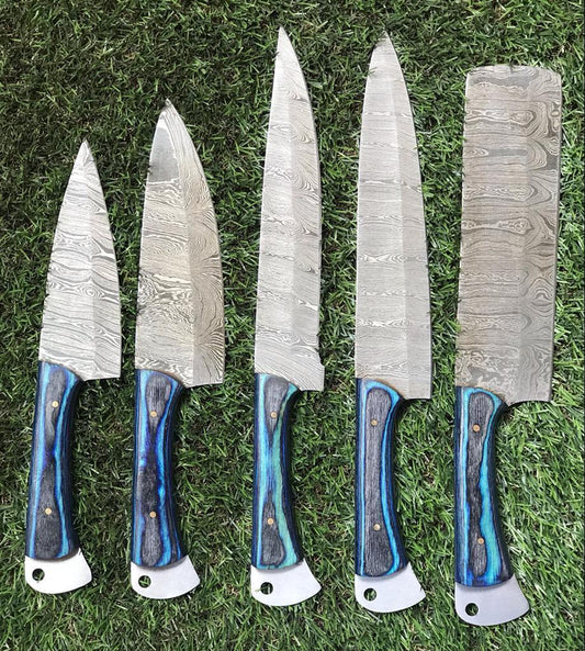 Custom Hand-Forged Twist Damascus Steel Chef Knife Set – Pakka Wood Handle – Handmade Kitchen Knives