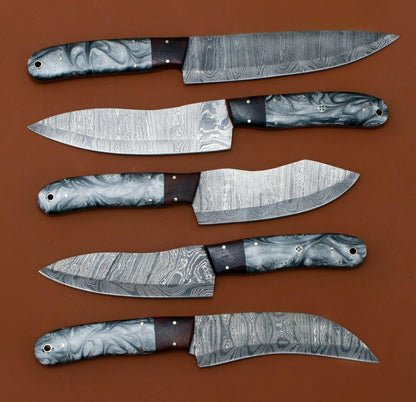 Handmade Damascus Steel Chef Knife Set of 5 – Resin Art Handle