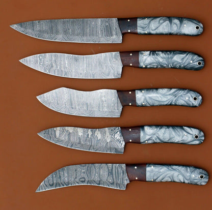 Handmade Damascus Steel Chef Knife Set of 5 – Resin Art Handle