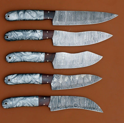 Handmade Damascus Steel Chef Knife Set of 5 – Resin Art Handle