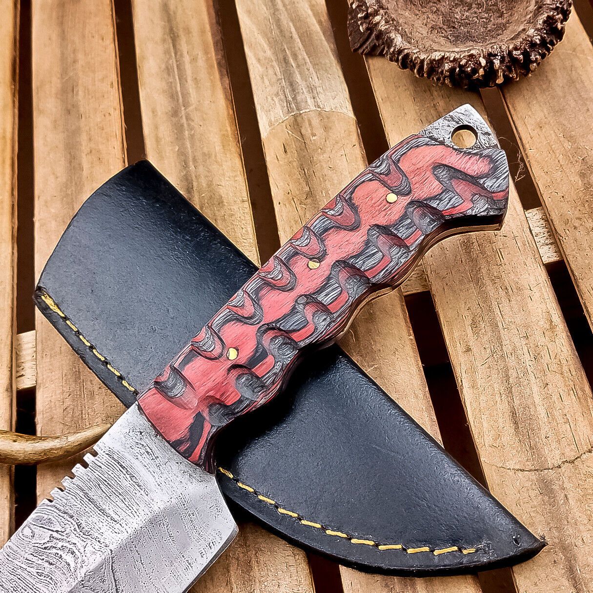 10" Damascus Hunting Knife – Multi-Color Wood Handle & Sheath