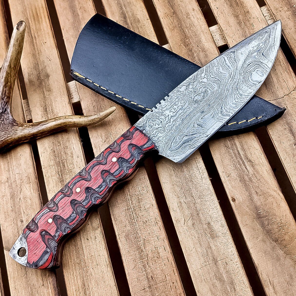 10" Damascus Hunting Knife – Multi-Color Wood Handle & Sheath