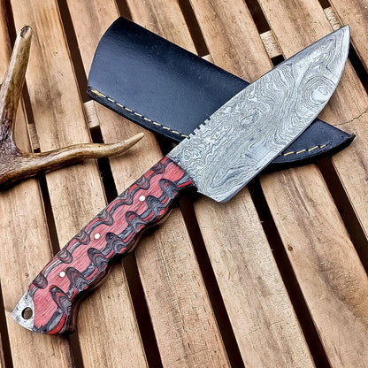 10" Damascus Hunting Knife – Multi-Color Wood Handle & Sheath