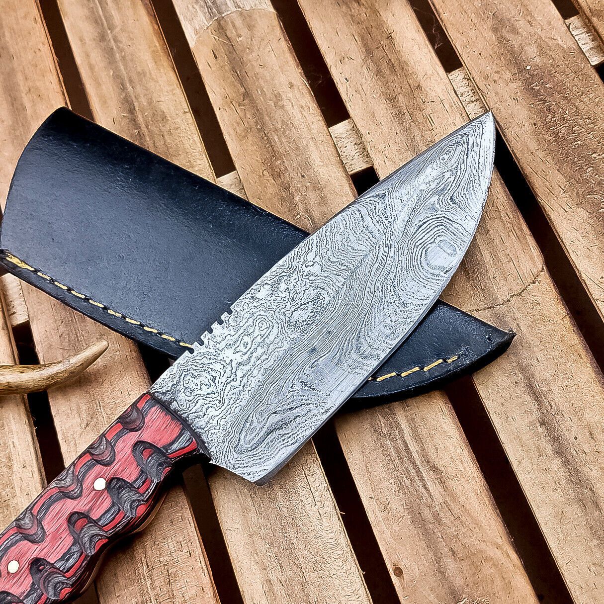 10" Damascus Hunting Knife – Multi-Color Wood Handle & Sheath