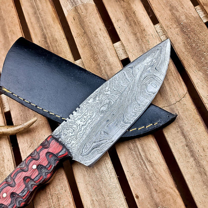 10" Damascus Hunting Knife – Multi-Color Wood Handle & Sheath