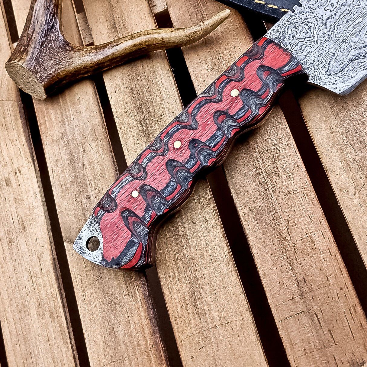 10" Damascus Hunting Knife – Multi-Color Wood Handle & Sheath