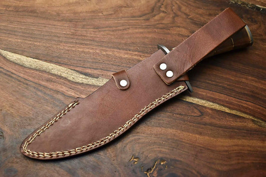 13 Inch Handmade Damascus Bowie Knife with Camel Bone Handle for Hunting