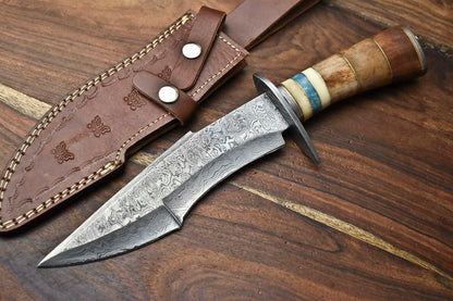 13 Inch Handmade Damascus Bowie Knife with Camel Bone Handle for Hunting