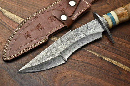 13 Inch Handmade Damascus Bowie Knife with Camel Bone Handle for Hunting