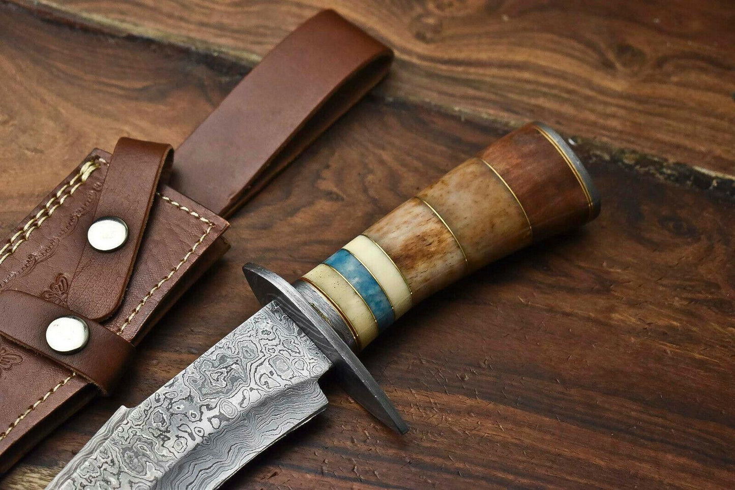 13 Inch Handmade Damascus Bowie Knife with Camel Bone Handle for Hunting