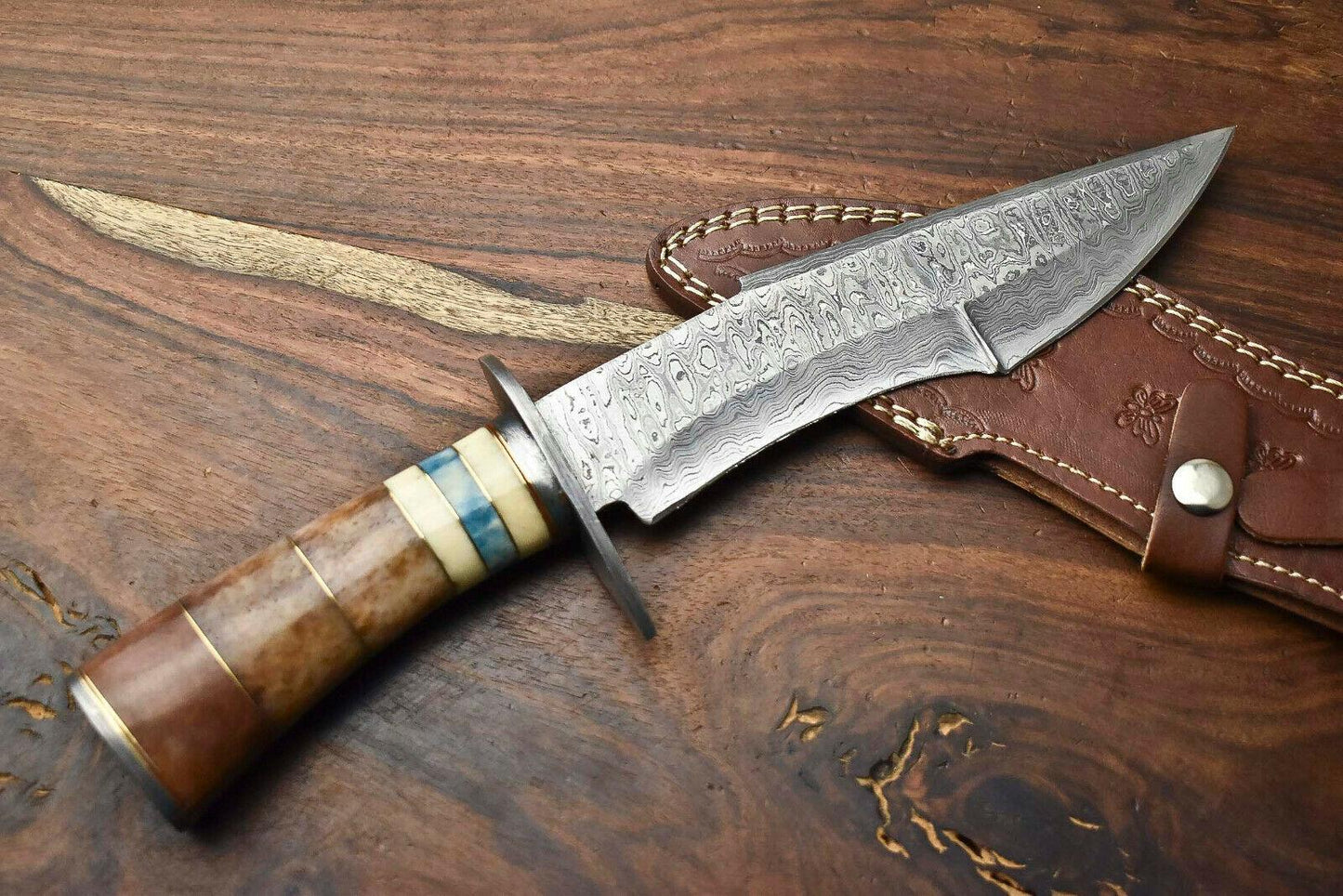 13 Inch Handmade Damascus Bowie Knife with Camel Bone Handle for Hunting