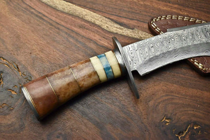 13 Inch Handmade Damascus Bowie Knife with Camel Bone Handle for Hunting