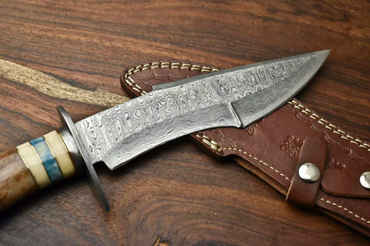 13 Inch Handmade Damascus Bowie Knife with Camel Bone Handle for Hunting