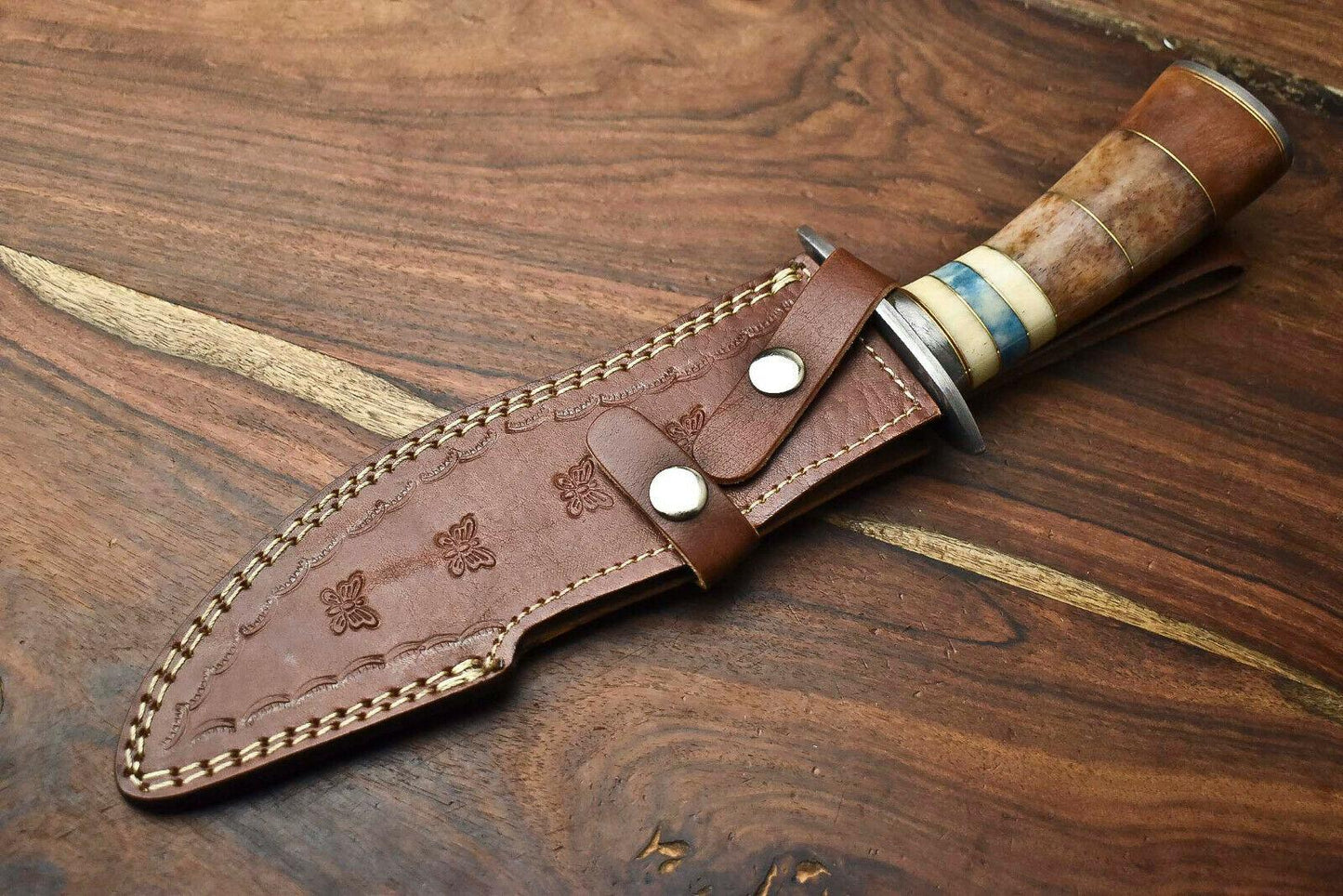 13 Inch Handmade Damascus Bowie Knife with Camel Bone Handle for Hunting