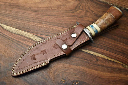 13 Inch Handmade Damascus Bowie Knife with Camel Bone Handle for Hunting