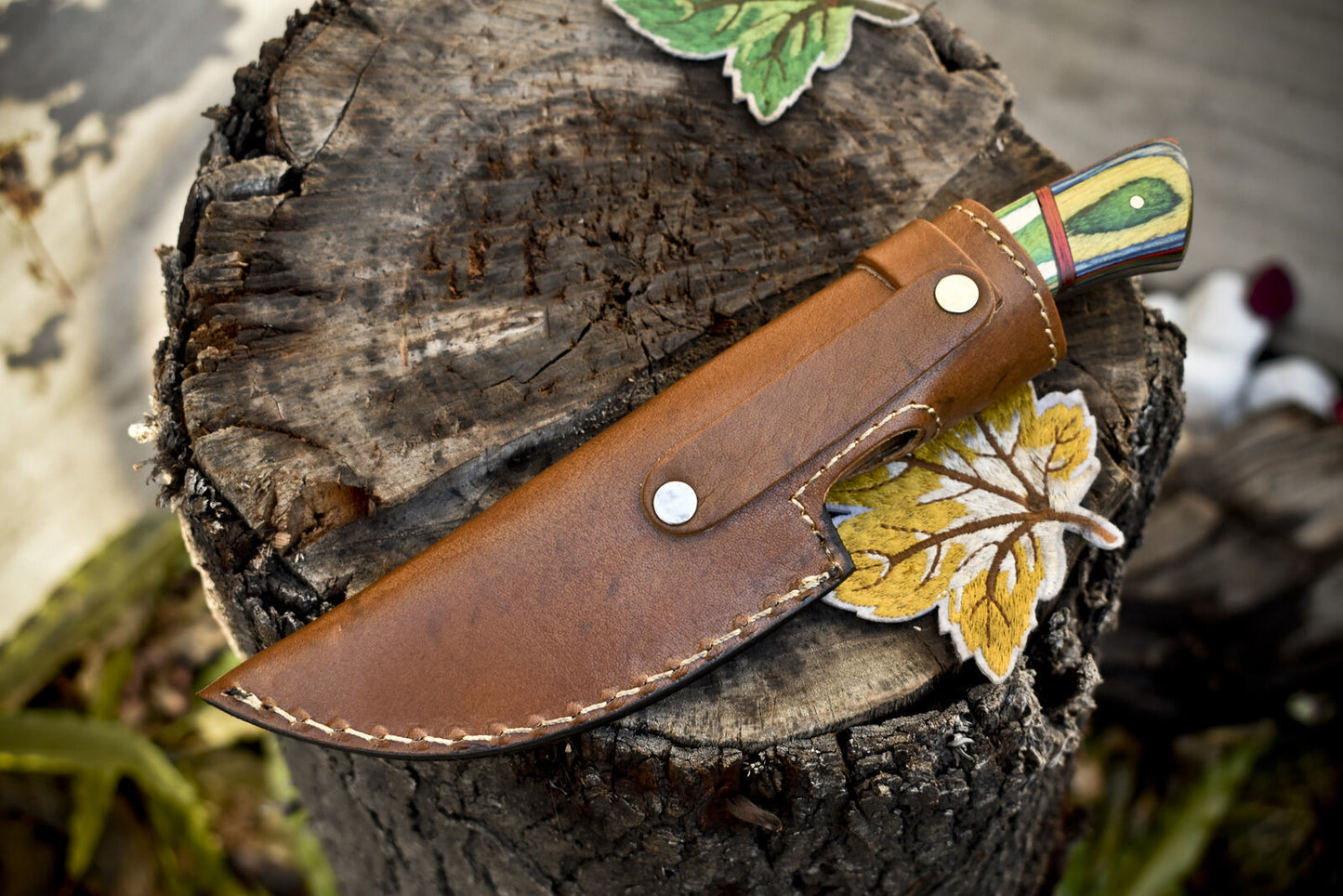 Twist Damascus Skinner Knife with Hard Wood Handle and Micarta Bolster for Hiking