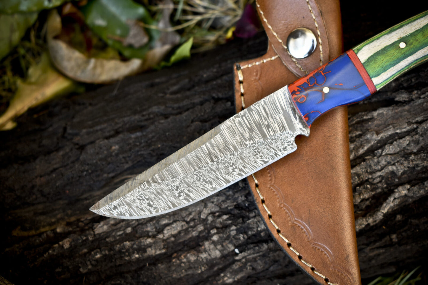 Twist Damascus Skinner Knife with Hard Wood Handle and Micarta Bolster for Hiking