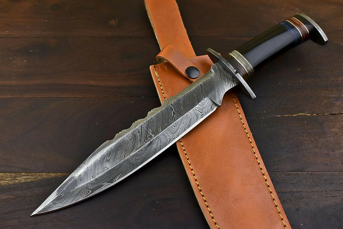 13.4" Damascus Bull Horn Hunting Bowie Knife  Outdoor Series