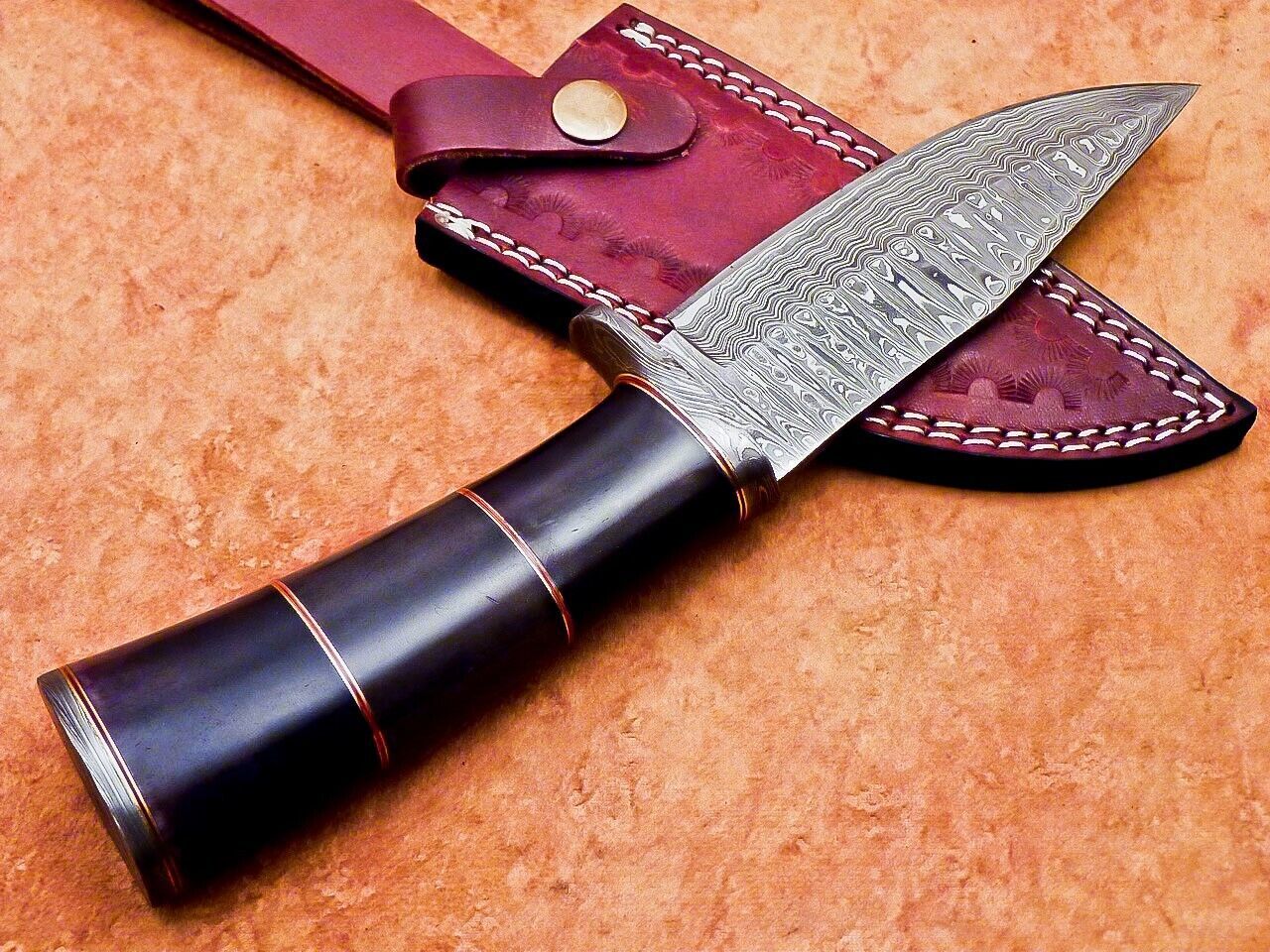 10" Handmade Damascus Steel Bowie Knife | Stained Camel Bone Handle
