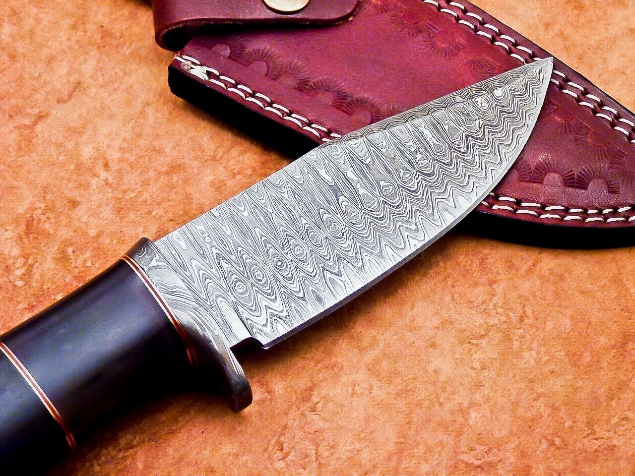 10" Handmade Damascus Steel Bowie Knife | Stained Camel Bone Handle