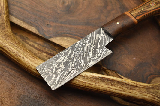 Hand Forged Damascus Skinner Knife with Hardwood Handle – Compact Everyday Carry with Leather Sheath