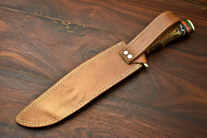 15” Handmade Damascus Bowie Knife | Hardwood Handle & Leather Sheath