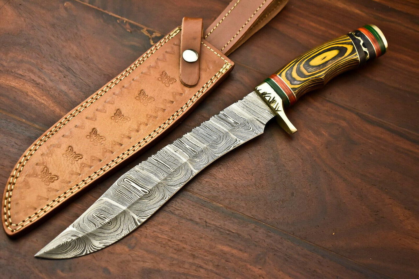 15” Handmade Damascus Bowie Knife | Hardwood Handle & Leather Sheath
