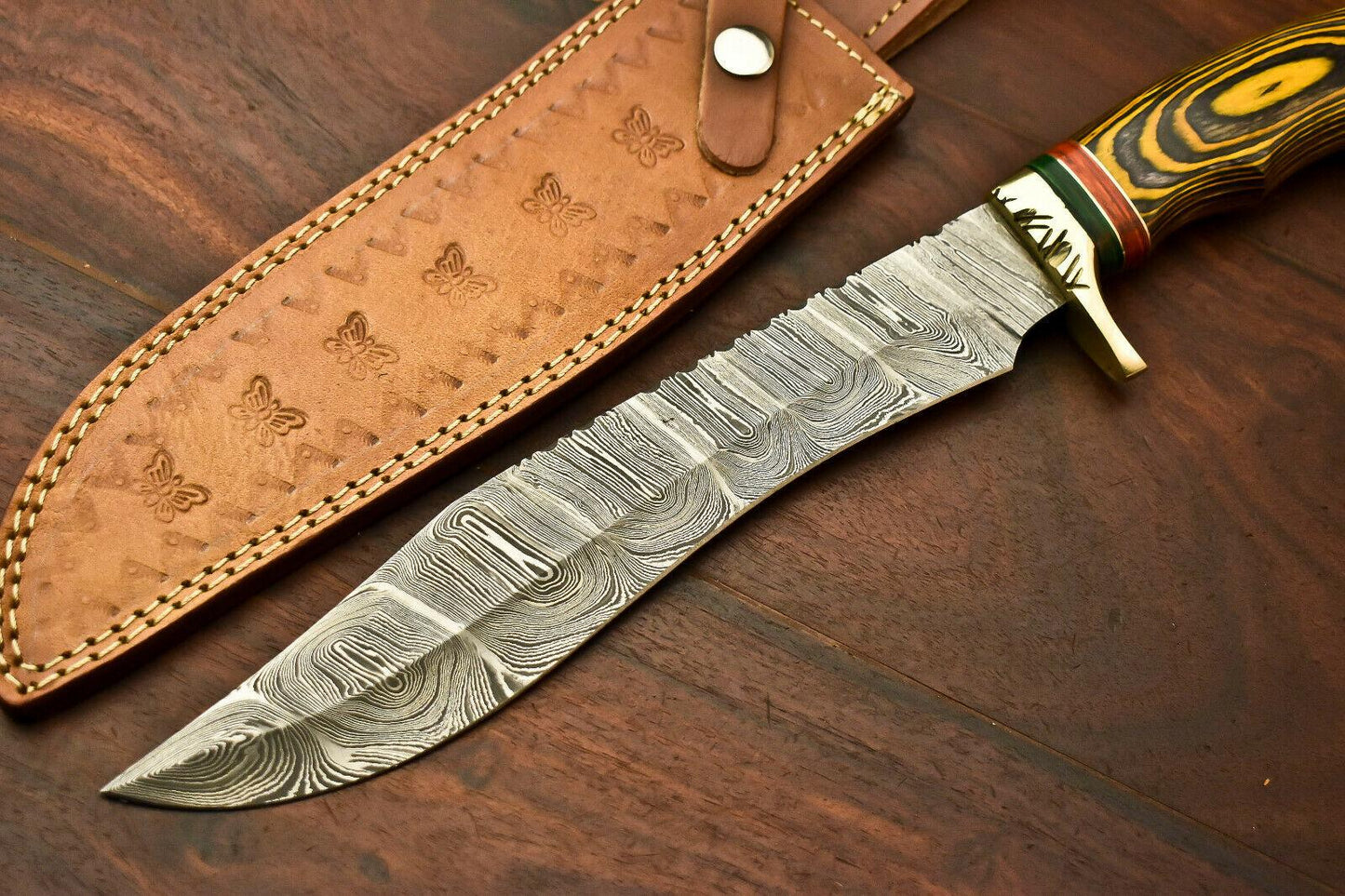 15” Handmade Damascus Bowie Knife | Hardwood Handle & Leather Sheath