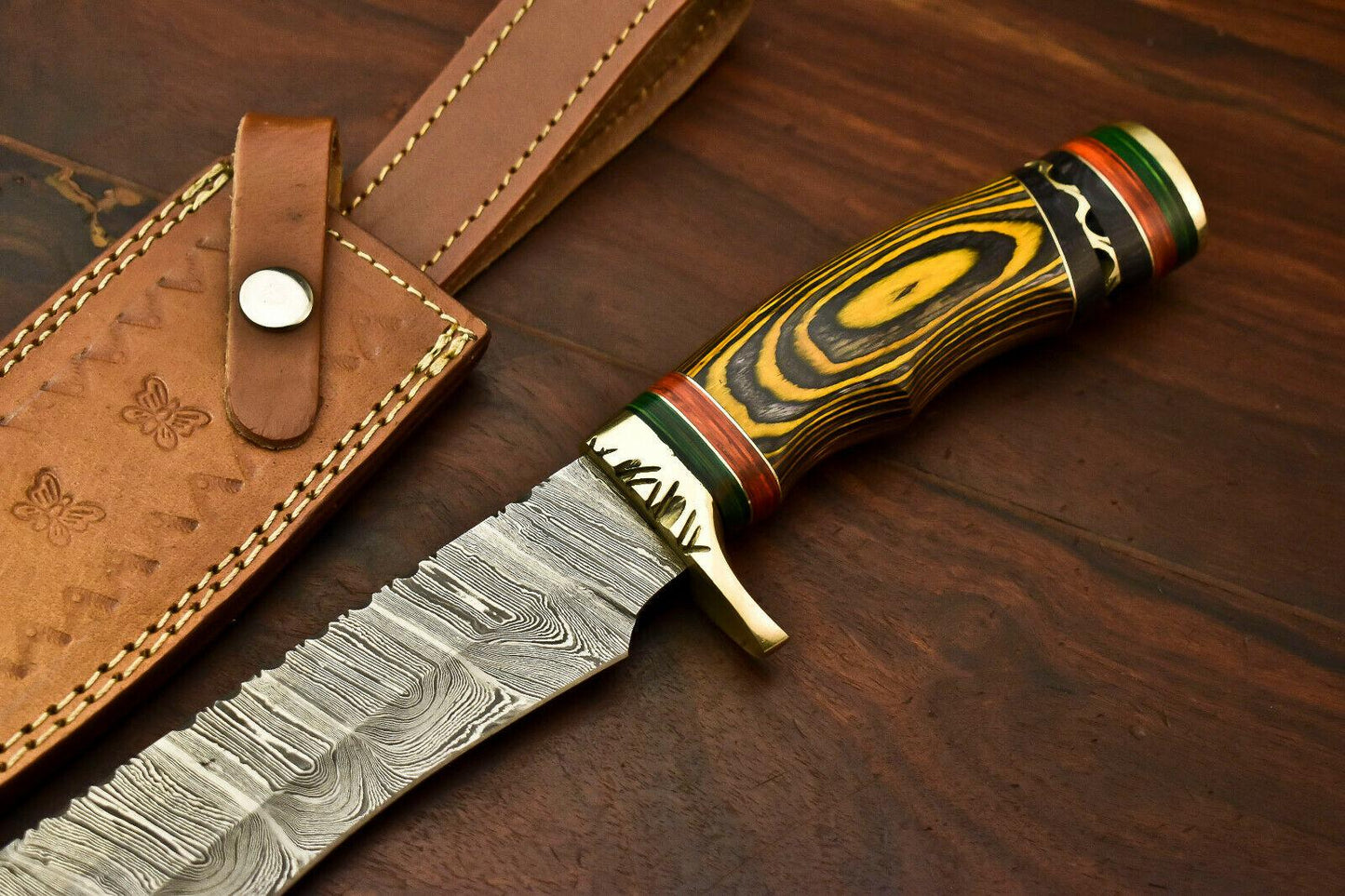 15” Handmade Damascus Bowie Knife | Hardwood Handle & Leather Sheath