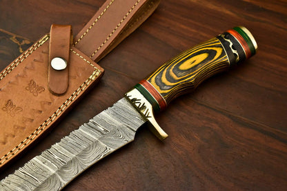 15” Handmade Damascus Bowie Knife | Hardwood Handle & Leather Sheath
