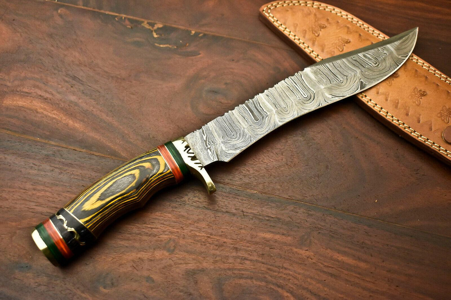 15” Handmade Damascus Bowie Knife | Hardwood Handle & Leather Sheath