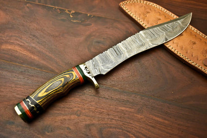 15” Handmade Damascus Bowie Knife | Hardwood Handle & Leather Sheath